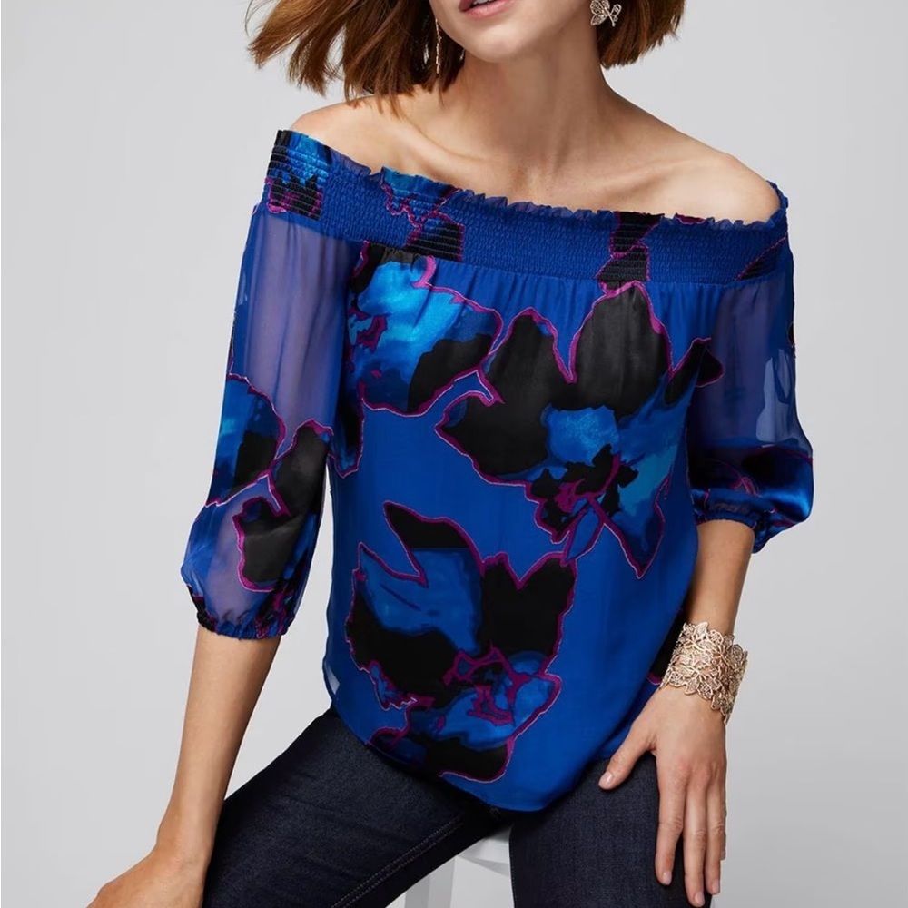 White House Black Market Blue Floral Off-Shoulder Top S